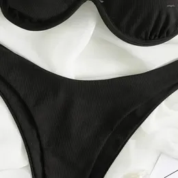 Women's Swimwear Women Stylish Two-piece Bikini Sets For Solid Colour One-shoulder Bra With High Waist Underwire Push Up Beach