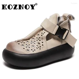 Boots Koznoy 7cm Women Hollow Genuine Leather Elegant Ankle Booties Sandals Wedge Summer Platform Slides Round Toe Breathable Shoes