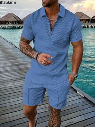2024 Mens Polo Suit Fashion Men Sets Solid Summer Vneck Zipper Short Sleeve POLO ShirtShorts Two Pieces Casual 240514