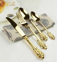 Vintage Western Gold Plated Cutlery Tableware Set 24pcs Dining Knives Forks Teaspoons Golden Luxury Dinnerware Sets Engraving 22032093143