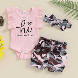 Clothing Sets Cute and adorable baby girl summer clothing with ribbons and letters childrens shorts set long sleeved jumpsuit waist tied short hair baby clothing J24