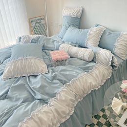 Ruffled Seersucker Duvet Cover Set 3/4pcs Soft Lightweight Down Alternative Grey Bedding Set with Bed Skirt and Pillowcases