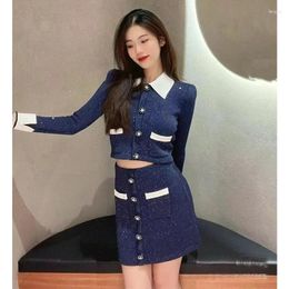 Women's Knits Zadigant Autumn Winter Navy Blue College Style Cardigan / A-Line Skirt For Women