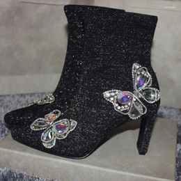 Boots Bling Crystal Butterfly Black Shiner Stretch Sock Pointed Toe 9cm High Heels Woman Rhinestone Slip On Ankle