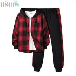 Clothing Sets Child Boys Fashion Casual Korean Style Plaid Hooded Outerwear Top With Pants Hip Hop Outfits Loungewear Streetwear Sportswear