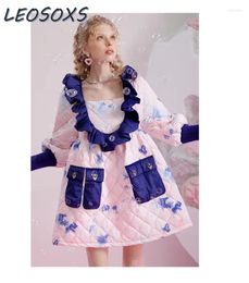 Casual Dresses Sweet Kawaii Princess Print Design Girl Dress 2024 Winter Cotton Clothing Tie-Dyed Western Style Puffy Ruffled