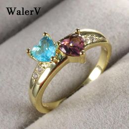 Cluster Rings WalerV For Women Lovers Custom Fashion Charm Jewelry Double Love Shape Sea Blue Purple Crystal Color Gold Wedding Ring