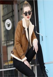 2020 Brown Shearling Sheepskin Coats Women 2017 Autumn Winter Womens CoffeeLambs Wool Short Biker Faux Leather Suede Jackets JS3018729583