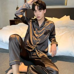Men Pyjama Sets Silk Satin Sleepwear For Man Shirt Long Sleeve Pyjama Male Fashion Soft Home Night Wear Big Size Loungewear 240518