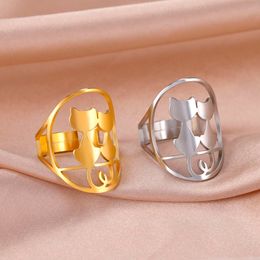 Two Cats For Women Stainless Steel Cute Kitten Baby Wide Open Finger Ring Animal Jewellery Mother S Day Gift Wholesale