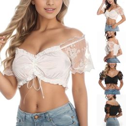 Women's Blouses Plus Size Women Elegant Lace Dirndl Blouse For Oktoberfest Tops And Solid Drawstring Crop Top Blusa Mujer Moda 2024
