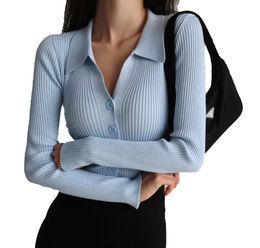Ladies Cardigan Sweater Buttons Sexy V Neck Long Sleeve POLO Neck Knit Women Lapel Slim Tops