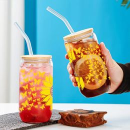 Wine Glasses Golden Sunflower Butterfly Pattern 3D Print Sublimation Glass Straw Juice Bottle With Bamboo Lid For Gift Giving