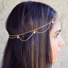 Hair Clips Gold Colour Metal Head Chain Pearl Forehead Headpiece For Women Headband Luxury Jewellery