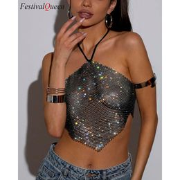 FestivalQueen Women's Crop Backless Tank Top Crystal Diamond Hollow Fishnet Glitter Rhinestone Sexy Out Rave Conc Sexy Costumes