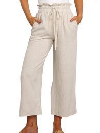 Women's Pants Drawstring Summer Long Wide Leg Elastic High Waist Casual Trousers Solid Loose Fit Streetwear Pockets Straight Women