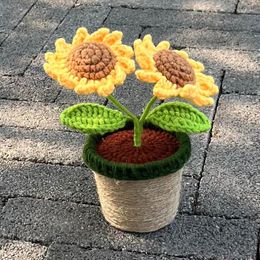 Decorative Flowers Crochet Woven Sunflower Potted Artificial Plants Bonsai Hand Knitted Gifts For Room Home Table Ideas Mother's Day Decor