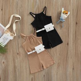 Clothing Sets Baby girl summer jumpsuit solid Colour ribbed sleeveless sling short sleeved jumpsuit with belt pocket 9M-4T J240518