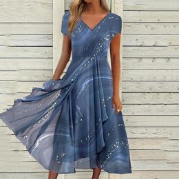 Casual Dresses Women Summer Dress Color Matching V Neck Short Sleeves Irregular Hem Chiffon Dress-up Thin Big Swing Lady Clothes Garment