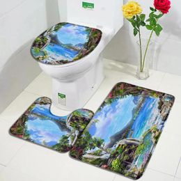 Bath Mats European Style Waterfall Sets Ocean Tree Flowers Plants Nature Landscape Door Rug Home Bathroom Decor Toilet Cover Mat