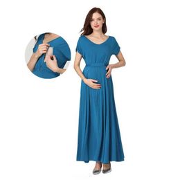 Maternity Dresses 2024 Spring/Summer Pregnant Womens Dress V-neck Nursing Long Dress Pregnant Womens Short Sleeve Latex Dress H240518