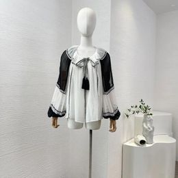 Women's Blouses Silk White Black Lantern Long Sleeve Ruffle Collar Tassels Blouse Elegant Fashion Women 2024 Spring Summer High Quality