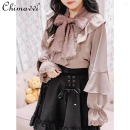 Women's Blouses Japanese Style Flare Sleeve Blouse Lolita Ribbon Bow Long Women 2024 Autumn Clothes Sweet Temperament Tops