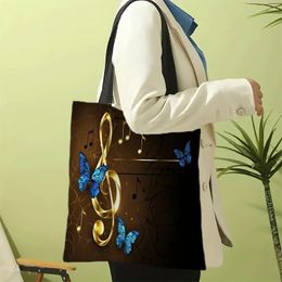 Shopping Bags Fashionable Handbag Golden Music Butterfly Piano Pattern Printing Casual Large-capacity Bag Kawaii Shoulder