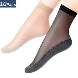 Women Socks 10 Pairs Spring Summer Soft Velvet Silk Non-Slip Bottom Splice Transparent Ladies Ultrathin Breathable Sock