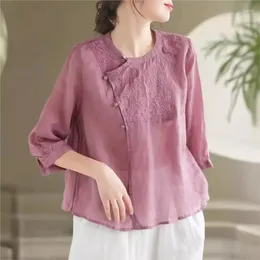 Women's Blouses Johnature Women Vintage Embroidery Floral Ramie Shirts High Quality Tops 2024 Spring Solid Colour Seven Sleeve