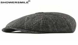 SHOWER Tweed Newsboy Cap Men Wool Herringbone Flat Cap Winter Grey Striped Male British Style Gatsby Hat Adjustable20043854278340