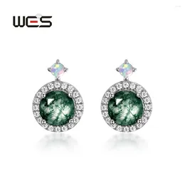 Stud Earrings WES 925 Sterling Silver Moss Agate Earrrings For Women 6 6mm Natural Gemstone White Gold Plated Luxury Jewelry Party Gifts