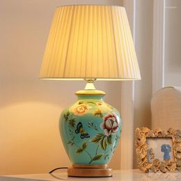 Table Lamps Chinese Rural Blue Flower&butterfly Ceramic European Dimmer Touch Fabric E27 LED Lamp For Bedside&foyer&studio MF027
