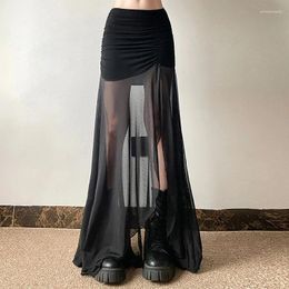 Skirts Black See Through Long Skirt Feminine Mesh Patchwork Elegant Sexy Skinny High Waisted Maxi 2024 Summer Fashion Streetwear
