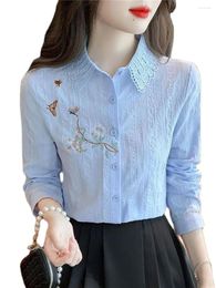 Women's Polos Embroidered Shirt Spring/Summer 2024 Loose Casual Long Sleeve Fold Collar Solid Powder Blusher Versatile