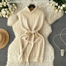 Casual Dresses High Neck Sweater Dress Girl Female Loose And Lazy Style Knitwear Vest Knitted Women Tank Top Autumn Winter Knit