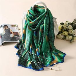 Modigirl Summer Vintage Scarf Peacock Wraps 2024 Fashion Printed Silk Imitation Stoles Foulard Lady Shawl For Women