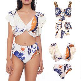 Conservative Split Swimwear Women Ruffled Tiered V Neck 2 PC Bathing Suits Vacation High Waist Swimsuits Summer Tankinis