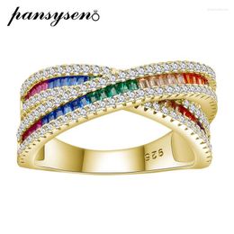 Cluster Rings PANSYSEN Trendy 925 Sterling Silver Colourful High Carbon Diamond Gemstone Cross Ring For Women Man 18K Gold Plated Fine