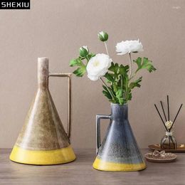Vases Creativity Painted Ceramic European Porcelain Flower Pots Decorative Arrangement Handle Vase Nordic Home Decor