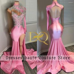 Party Dresses Glitter Pink Prom 2024 For Black Girl Long Sleeves Sparkly Diamonds Crystals Appliques Wedding Gown