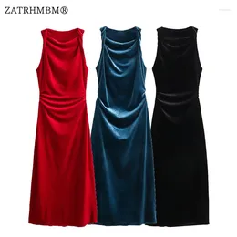 Casual Dresses ZATRHMBM Women 2024 Fashion Multicolor Velvet Midi Dress Vintage Sleeveless Female Vestidos Mujer