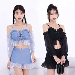 Women's Swimwear Split Swimsuit Conservative Two-piece Set Long Sleeves Slimming Sexy Vacation Spring Polyester Skirt