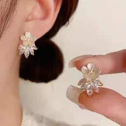 Stud Earrings Korean Version Exquisite Fashionable Super Sparkling Flower Zircon Leaves Niche Design Temperament For Women Jewelry.