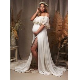 Maternity Dresses White Slash Neck Tassel Maternity Baby Shower Dresses Vintage Premama Beach Boho Photography Props Long Dress Pregnant Maxi Gown H240518