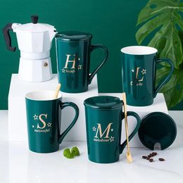 Mugs 350ml Creative Letter Ceramic Water Mug With Spoon And Cup Lid Coffee Milk Green For Girlfriend Sister Roommate