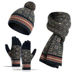 Unisex Winter 3pcs Pompom Beanie Hat Long Scarf Touch Screen Gloves Set Geometric Floral Jacquard Plush Lined Skull Cap2174426