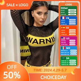 Fashion Trend Fishnet Hollow Out Black Mini Dress Long Sleeve Individuality Letter Printing See Through Sexy Hip Wrap Dresses Sexy Costumes