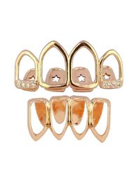 18K Real Gold Punk Hiphop Diamond Hollow Teeth Grillz Dental Mouth Iced Out Fang Grills Braces Tooth Cap Vampire Rapper Jewelry 644205908
