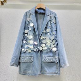 Women's Jackets SuperAen Heavy Industry Design Sequin Denim Jacket Spring 2024 Korean Blazer Collar